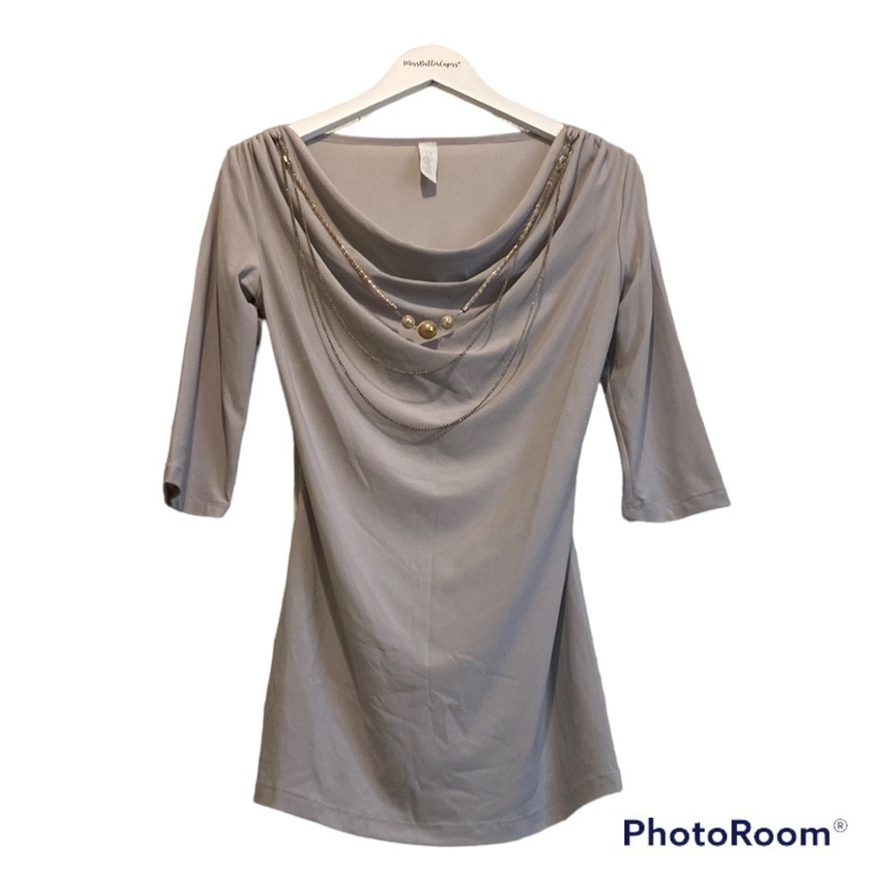 Grey Y2K Chained Cowl Neck 3/4 Sleeve Dressy Blouse | Small